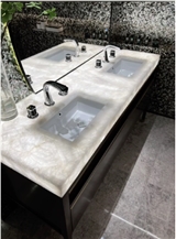 White Quartz Semiprecious Stone Backlit Vanity Top with Double Sink
