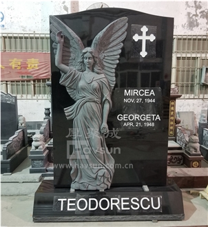 Angel Pointing to Sky/Heaven Black Granite Headstone Monument for USA